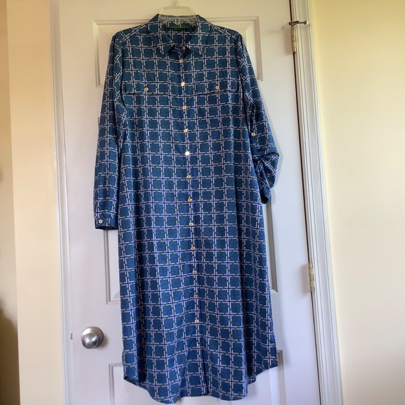 C. Wonder Midi Length Lattice Print Button Front Shirt Dress Blue/Green SZ 14 - Picture 14 of 16